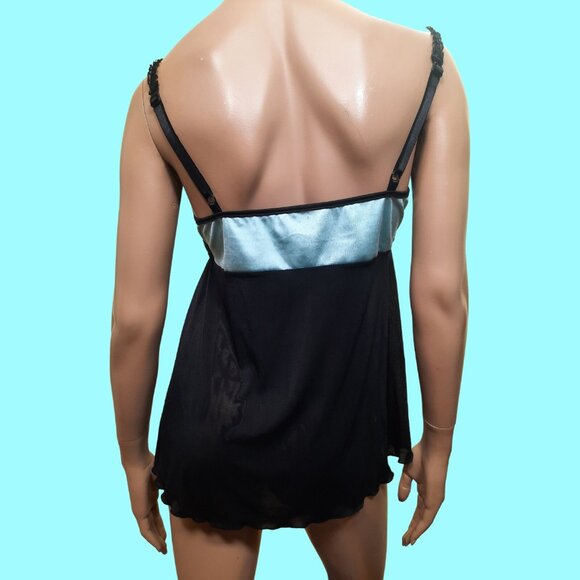 Y2K Coquette Babydoll Lingerie Top XL Split Front Blue Black Lace Camisole - Picture 7 of 12